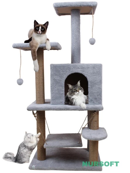 Y-01 Salıncaklı Yuvalı Lüx Kedi Tırmalama Oyun Evi-Gri - 2