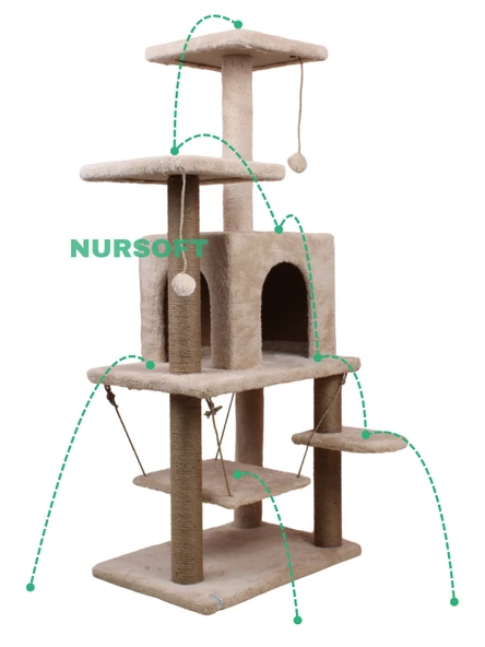 Y01  Salıncaklı  Yuvalı Lüx  Kedi Tırmalama  Oyun Evi-Bej - 3