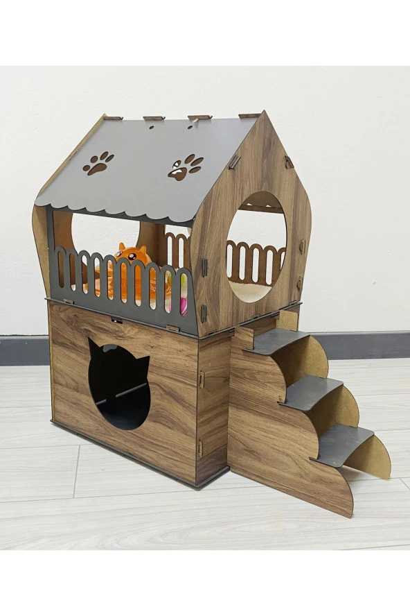 Dekoratif Teraslı Kedi Evi Ve Mama Kabı Seti - 2