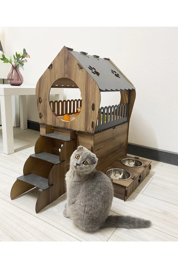 Dekoratif Teraslı Kedi Evi Ve Mama Kabı Seti - 3