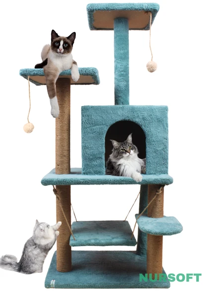Y-01  Salıncaklı  Yuvalı Lüx  Kedi Tırmalama  Oyun Evi-Turkuaz - 2
