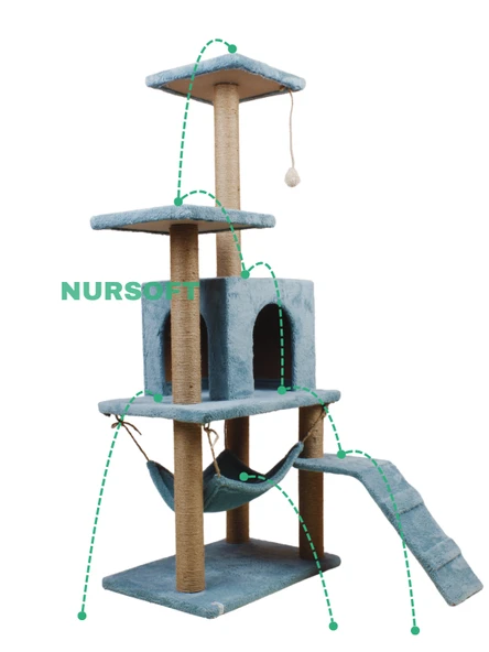 B-07 Hamaklı Yuvalı Lüx Kedi Tırmalama Oyun Evi-turkuaz - Resim 3