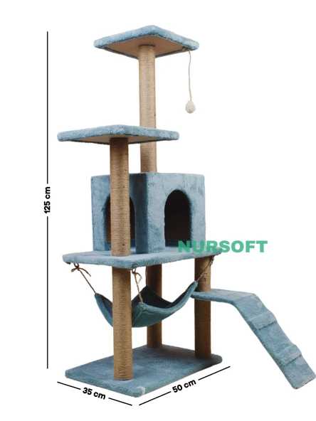 B-07 Hamaklı Yuvalı Lüx Kedi Tırmalama Oyun Evi-turkuaz - Resim 4