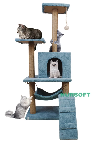 B-07 Hamaklı Yuvalı Lüx Kedi Tırmalama Oyun Evi-turkuaz - Resim 2