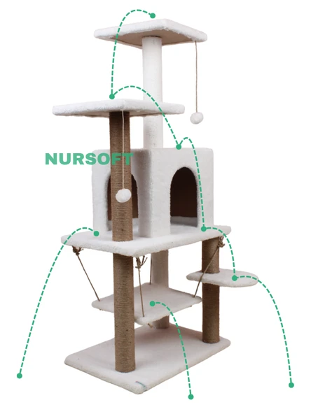 Y-01 Salıncaklı Yuvalı Lüx Kedi Tırmalama Oyun Evi-beyaz - 3