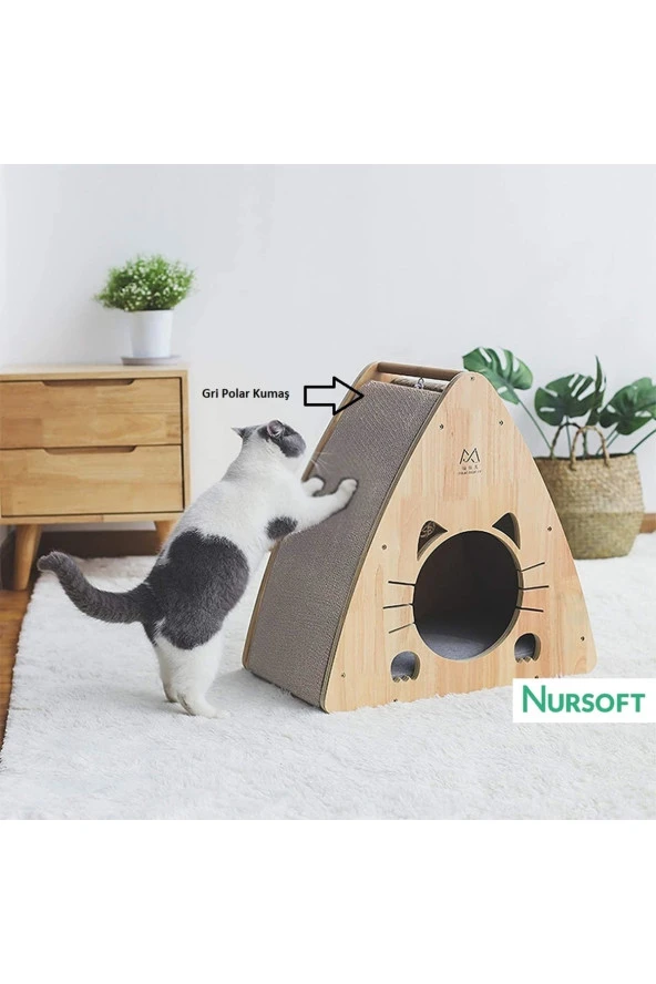 Cat Face 2 Üçgen Ahşap Kedi Yuvası Nr-0083