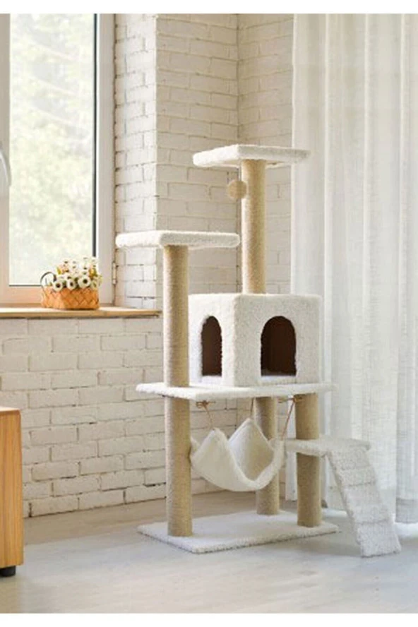 B-07 Hamaklı Yuvalı Lüx Kedi Tırmalama Evi Beyaz-2