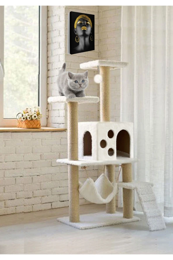 B-10 Hamaklı Yuvalı Lüx Kedi Tırmalama Evi Beyaz