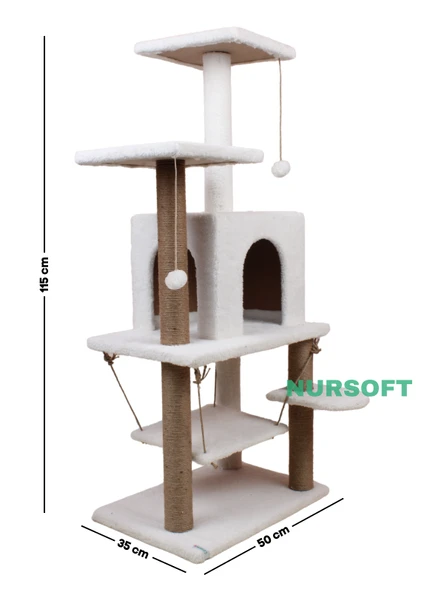 Y-01 Salıncaklı Yuvalı Lüx Kedi Tırmalama Oyun Evi-beyaz - 2