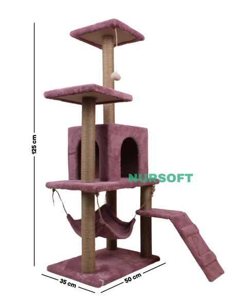 B-07 Hamaklı Yuvalı Lüx Kedi Tırmalama Oyun Evi- Gül Kurusu - Resim 4