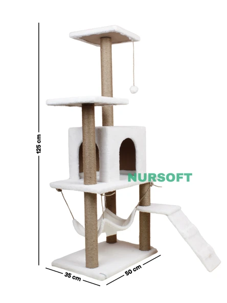 B-07 Hamaklı Yuvalı Lüx Kedi Tırmalama Evi Beyaz - Resim 4