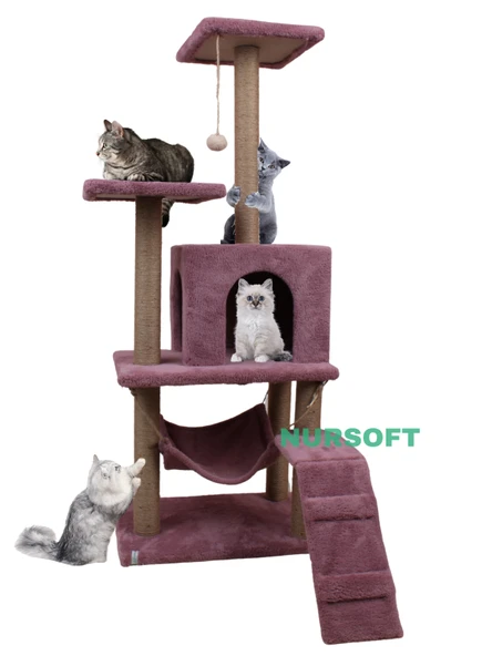 B-07 Hamaklı Yuvalı Lüx Kedi Tırmalama Oyun Evi- Gül Kurusu - Resim 2