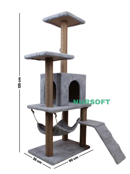 B-07 Hamaklı Yuvalı Lüx Kedi Tırmalama Evi Gri - 4