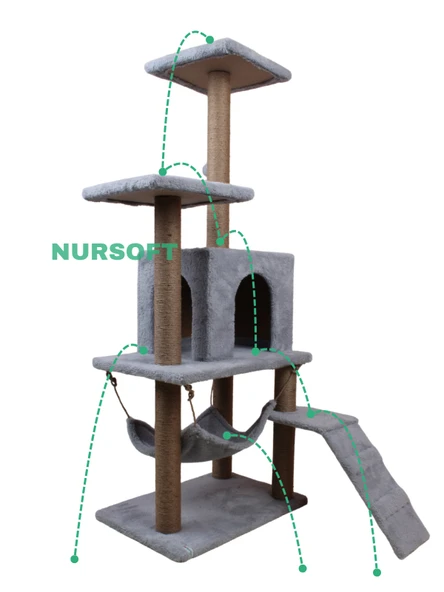 B-07 Hamaklı Yuvalı Lüx Kedi Tırmalama Evi Gri - 3
