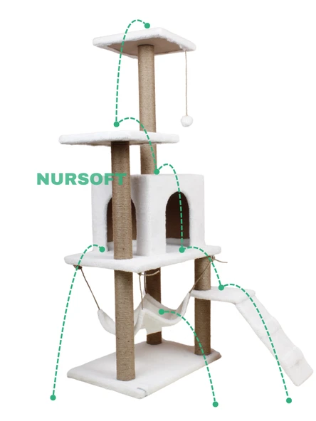 B-07 Hamaklı Yuvalı Lüx Kedi Tırmalama Evi Beyaz - Resim 3