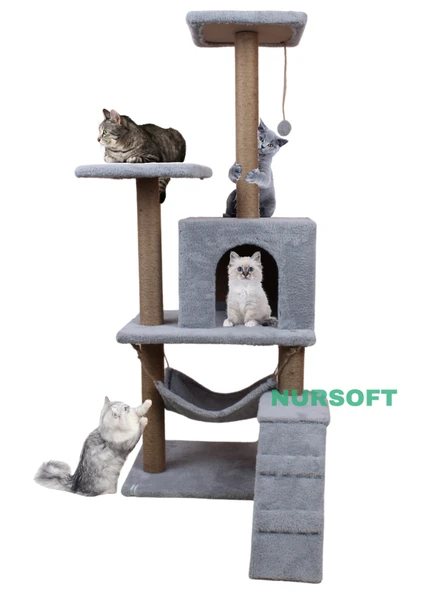 B-07 Hamaklı Yuvalı Lüx Kedi Tırmalama Evi Gri - 2