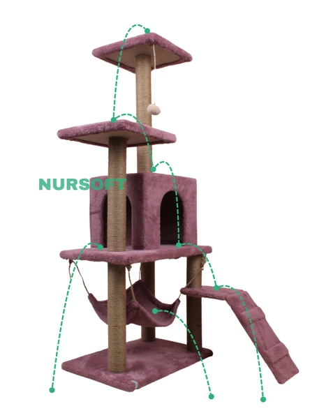 B-07 Hamaklı Yuvalı Lüx Kedi Tırmalama Oyun Evi- Gül Kurusu - Resim 3