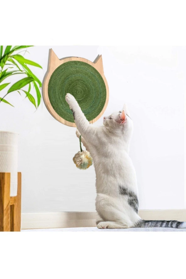 Duvara Monte Edilebilir Ahşap Kedi Tırmalama Mobilyası Ponponlu