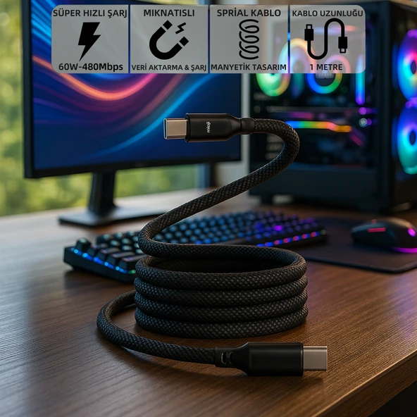 Mioji Mio SC1000 USB-C To USB-C 60W Mıknatıslı Spiral Şarj ve Data Kablosu 1m - Siyah