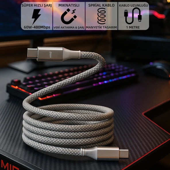 Mioji Mio SC1000 USB-C To USB-C 60W Mıknatıslı Spiral Şarj ve Data Kablosu 1m - Beyaz