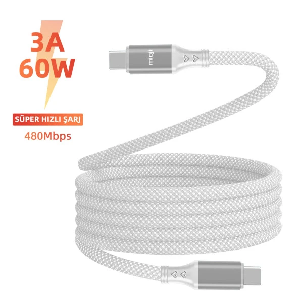 Mioji Mio SC1000 USB-C To USB-C 60W Mıknatıslı Spiral Şarj ve Data Kablosu 1m - Beyaz - 2