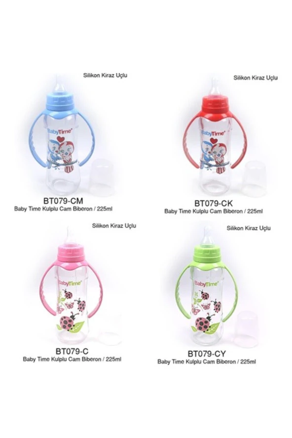 Baby Time Kulplu Cam Biberon (SİLİKON KİRAZ UÇLU) 225 Cc