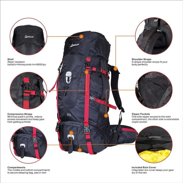 QuickUP Hiking Sırt Çantası 65 Litre-SİYAH - 4