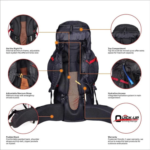 QuickUP Hiking Sırt Çantası 65 Litre-SİYAH - 5