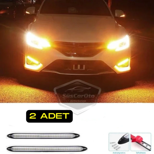 Selamlamalı Kayar Sinyalli Araba Gündüz Farı Esnek Gündüz Ledi DRL Led Lamba Güçlü Işık Açılış Animasyonlu 12V Su Geçirmez Sarı Beyaz 2 Adet 23.5 cm - 2