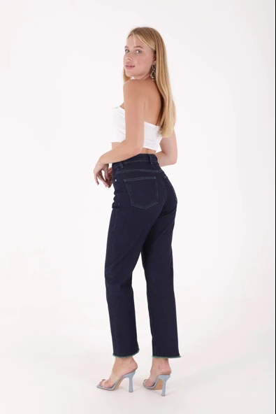 Overlok Kaplamalı Detaylı Yüksek Belli Rahat / Relaxed Kadın Jean Kot Pantolon Şantuklu Lacivert - 3