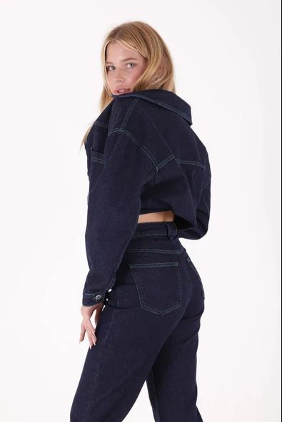 Overlok Kaplamalı Detaylı Yüksek Belli Rahat / Relaxed Kadın Jean Kot Pantolon Şantuklu Lacivert - 5