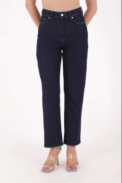 Overlok Kaplamalı Detaylı Yüksek Belli Rahat / Relaxed Kadın Jean Kot Pantolon Şantuklu Lacivert - 2