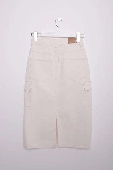 Kargo Cepli Detaylı ve Normal Belli Orta Boy Uzunlukta Kadın Kot Etek Naturel / Doğal Denim - 6