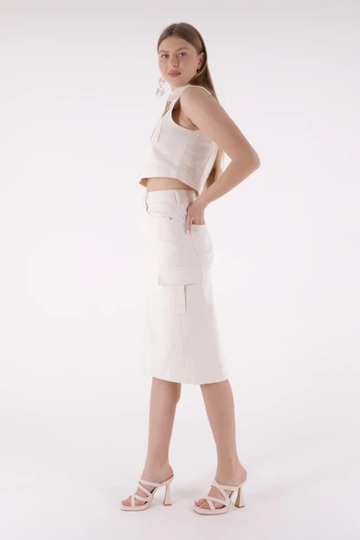 Kargo Cepli Detaylı ve Normal Belli Orta Boy Uzunlukta Kadın Kot Etek Naturel / Doğal Denim - 4