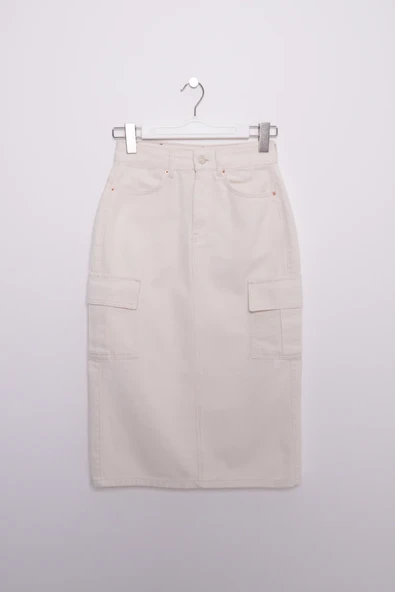 Kargo Cepli Detaylı ve Normal Belli Orta Boy Uzunlukta Kadın Kot Etek Naturel / Doğal Denim - 5