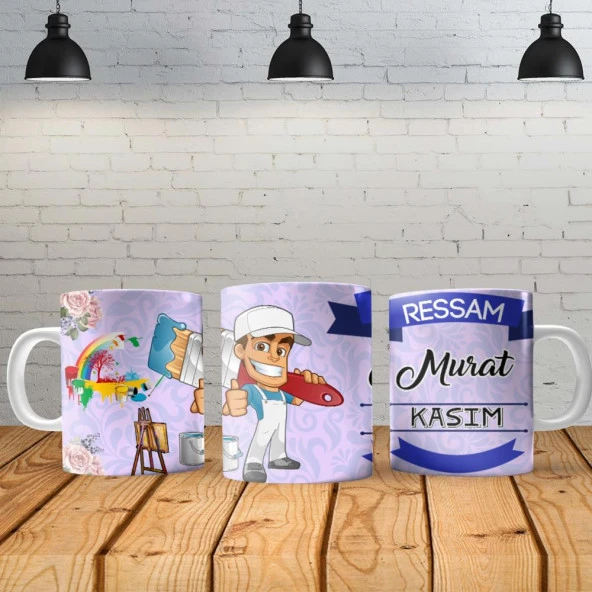 Ressam Kişiye Özel Baskılı Yeni Tasarım Kupa ve Taş İsimlik Özel Kutusunda