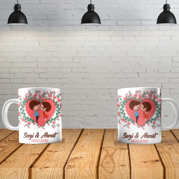 I love You 2 Kişiye Özel Baskılı Yeni Tasarım Kupa ve Taş İsimlik Özel Kutusunda
