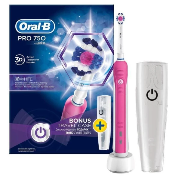 Oral-B Pro 750 3D White Pembe + Seyahat Kabı Hediyeli Şarj Edilebilir Diş Fırçası D16.513.UX