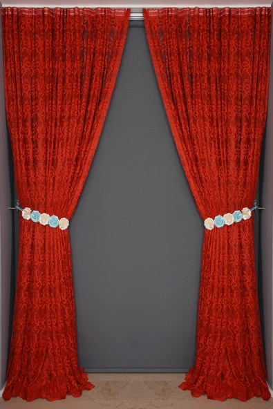 ŞAL KIRMIZI  RENK TEK KANAT Hazır dikilmiş Pileli Fon Perde 300*260 cm - Resim 7