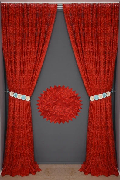 ŞAL KIRMIZI  RENK TEK KANAT Hazır dikilmiş Pileli Fon Perde 300*260 cm - Resim 8