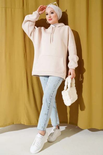 Üç İplik Kapüşonlu Oversize Tunik Bej - 2