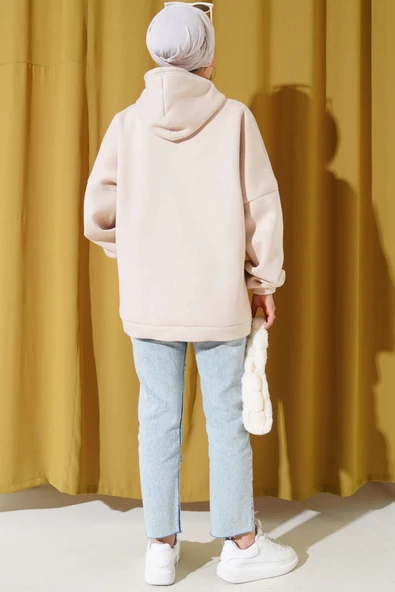 Üç İplik Kapüşonlu Oversize Tunik Bej - 3