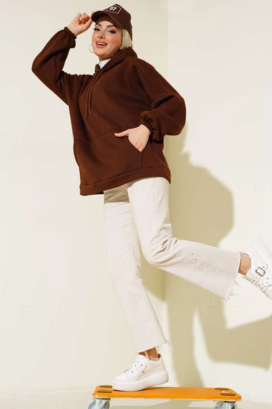 Üç İplik Kapüşonlu Oversize Tunik Kahve - 2