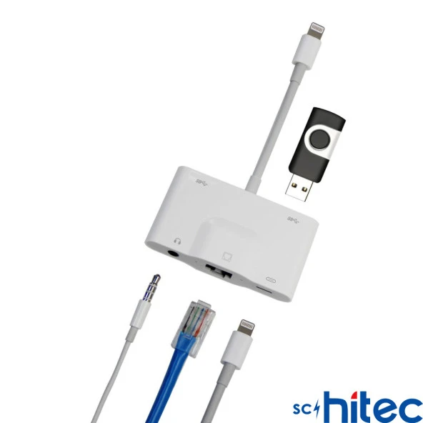 ScHitec 5in1 Lightning to Ethernet RJ45 2xUsbA Şarj Kulaklık Girişli Dönüştürücü Adaptör - 2