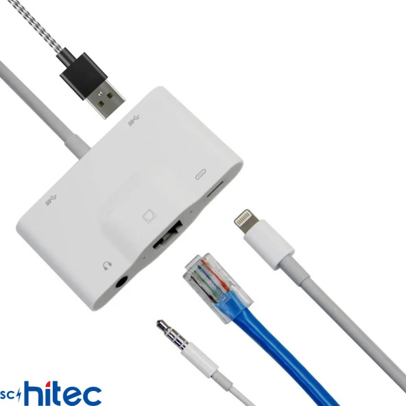 ScHitec 5in1 Lightning to Ethernet RJ45 2xUsbA Şarj Kulaklık Girişli Dönüştürücü Adaptör - 3