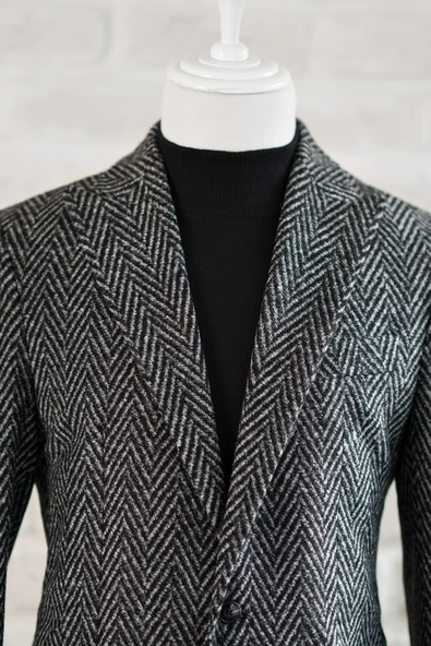 Sir Slimfit Torba Cep Sivri Yaka Astarsız Çift Yırtmaç Likralı Desenli Kışlık Erkek Tek Ceket - 3