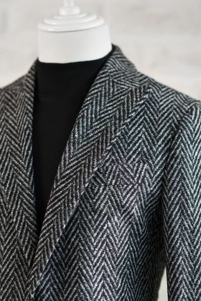 Sir Slimfit Torba Cep Sivri Yaka Astarsız Çift Yırtmaç Likralı Desenli Kışlık Erkek Tek Ceket - 4