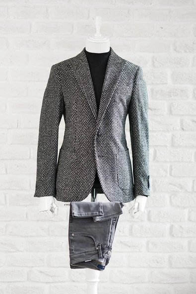 Sir Slimfit Torba Cep Sivri Yaka Astarsız Çift Yırtmaç Likralı Desenli Kışlık Erkek Tek Ceket - 2