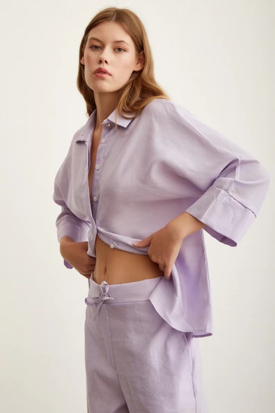 Yarasa Kol Keten Gömlek Lila - Resim 4