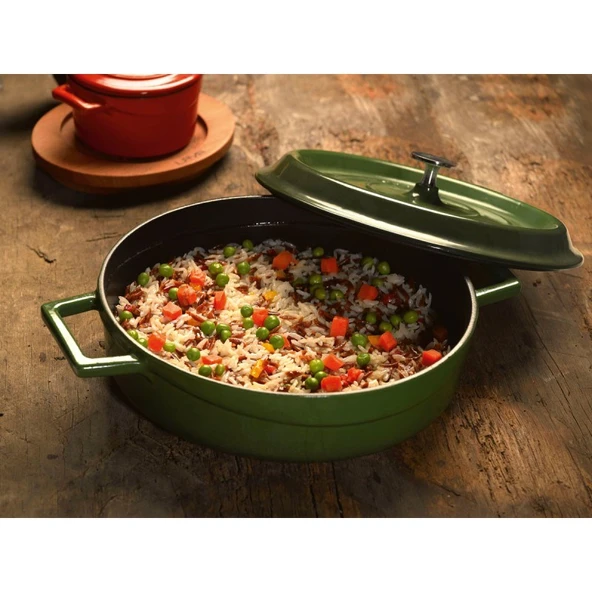 Lava Döküm Çok Amaçlı Yayvan Sığ Tencere Trendy Çap 28cm Yeşil - 2